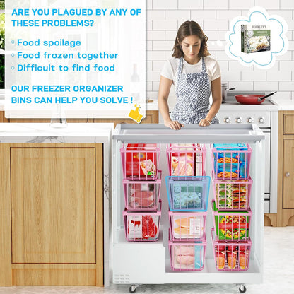 SUNALLY Freezer Organizer Bins, 8 Pack Chest Freezer Organizer Stackable for 5-7 Cu.FT Deep Freezer Sort Frozen Meats and Food, Freezer Storage Baskets with Handles Easy Reach from Bottom, White