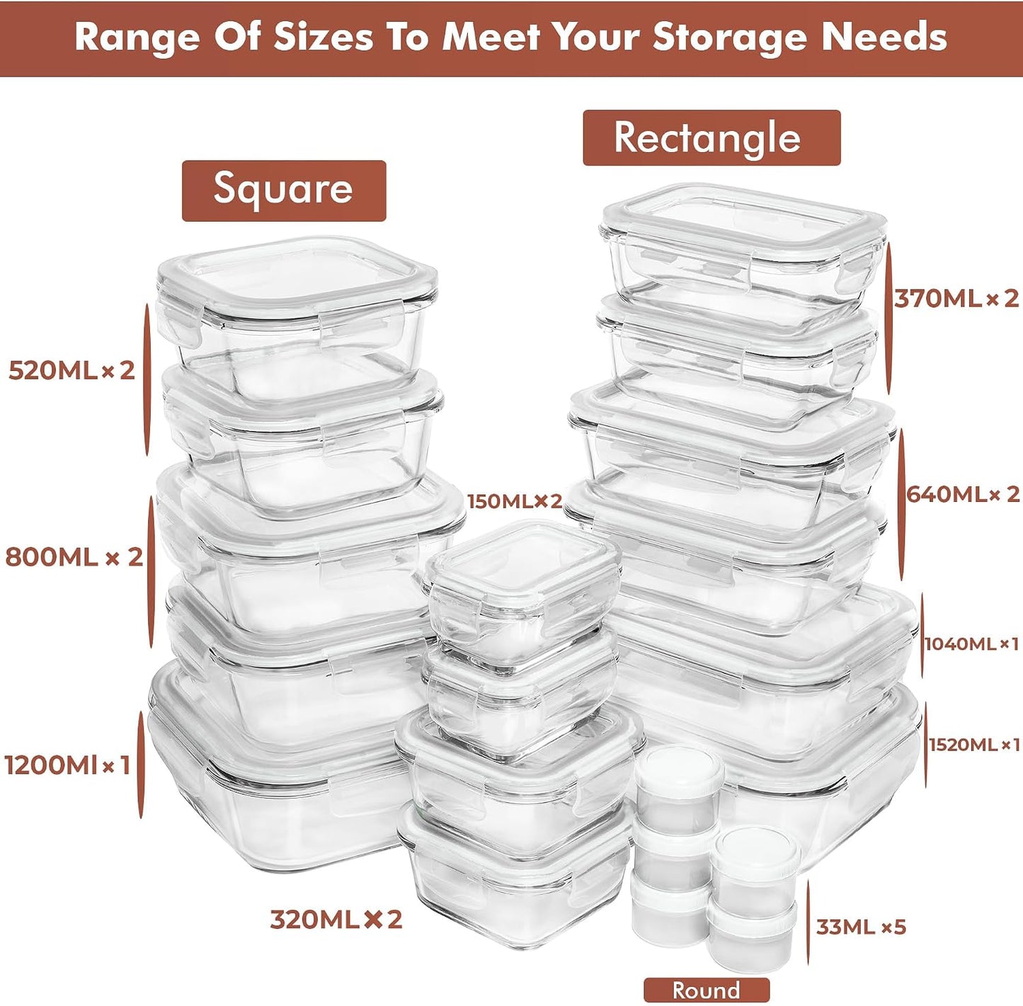 Razab 35 Pc Set Glass Food Storage Containers with Lids - Meal Prep Airtight Bento Boxes BPA-Free 100% Leak Proof (15 lids,15 glass & 5 Plastic Sauce/Dip Containers)