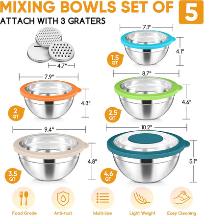 Herogo 5-Piece Mixing Bowls with Airtight Lids, 3 Grater Attachments, Stainless Steel Salad Serving Bowls for Kitchen, Size 4.6, 3.5, 2.5, 2, 1.5QT Ideal for Prepping & Cooking, Black