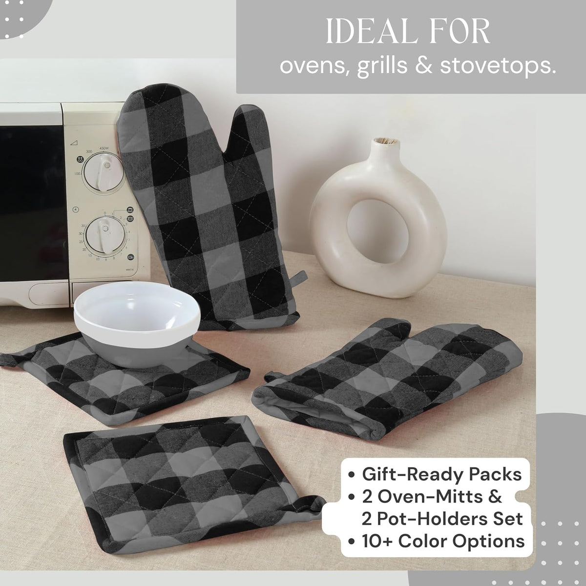Oven Mitt (7"x13") & Pot Holder (8"x8") 100% Cotton Set of Heat Resistant Oven Gloves & Hot Pads for Gifts, BBQ, Cooking, Baking, Thanksgiving - Mustard Yellow