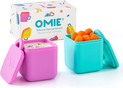 OmieBox (2 pack) Leakproof Dips Containers To Go, Salad Dressing Container, Condiment Container with Lids - Food Safe Silicone - 4 ounces (Blue/Lime)