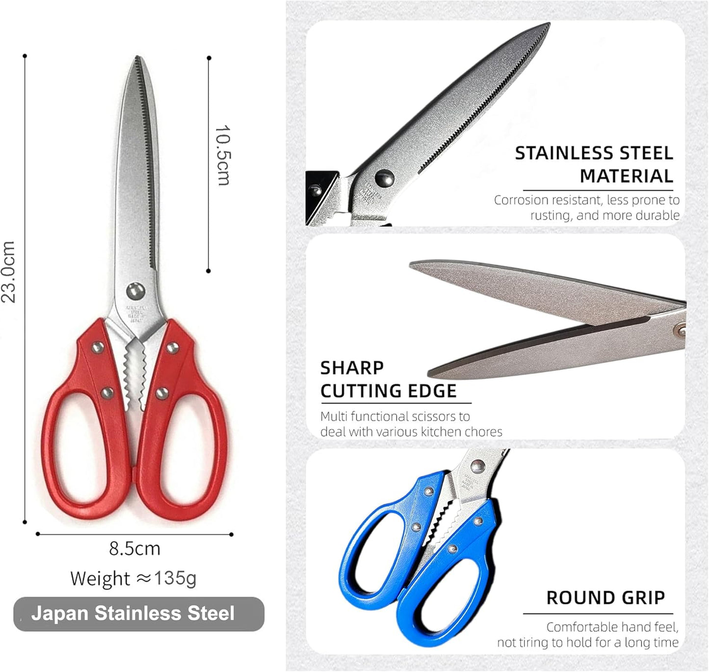 Multipurpose Kitchen Shears Heavy Duty Japan Tanaka Scissors Diamond Cut Stainless Steel 타나카 방산시장 강주은 주방가위 깡스가위 (Red)