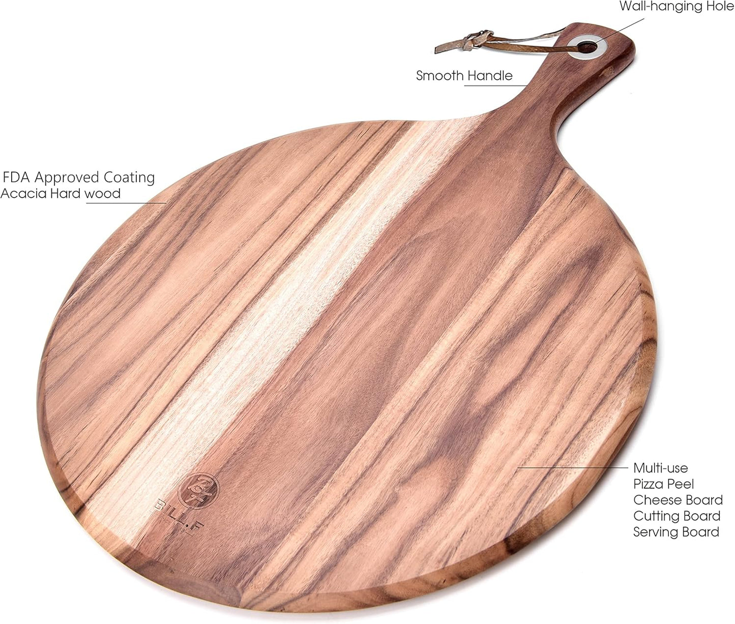 BILL.F Acacia Pizza Peel, Set of 3 Acacia Wood Cutting Board 8" 10" 12" Inch Cutting Board, Cheese Paddle Board, Bread and Crackers Platter for Serving and Minor Food Prepare with Handle and Organizer