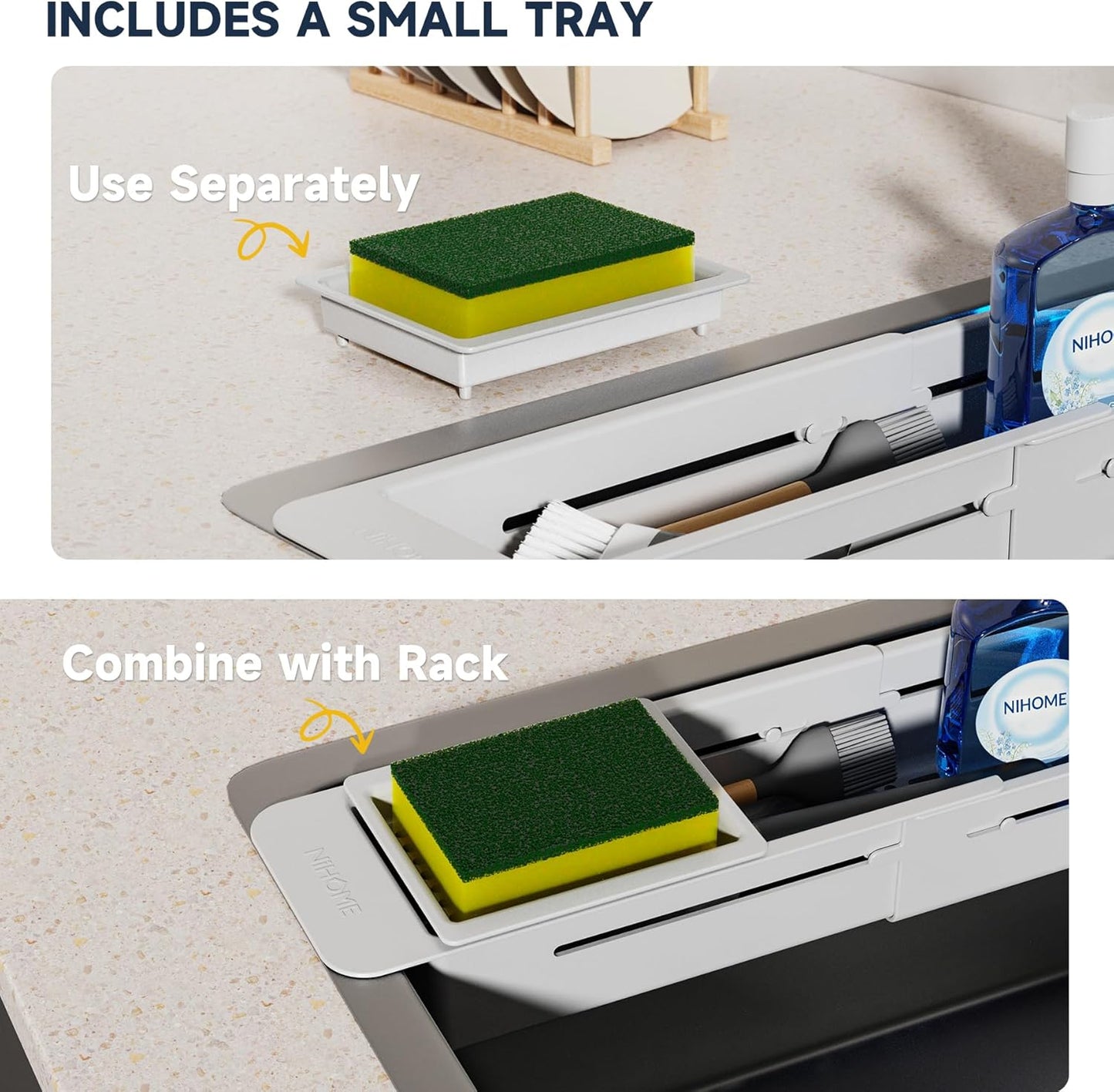 NiHome Extendable Over Sink Kitchen Organizer, Small Telescopic Brush Storage Rack for Sponge, Non-Slip Pads Expandable Sink Caddy, Adjustable Sponge/Brush Rack with Drainage Durable ABS (Dark Gray)