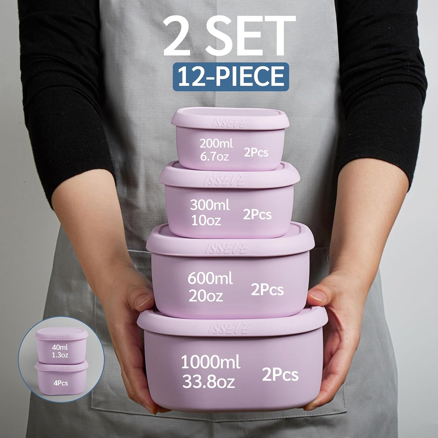 ISSEVE 12Pcs/Set Nesting Silicone Food Storage Containers with Lids, BPA Free Reusable Meal Prep Silicone Containers Airtight, Freezer Dishwasher Safe (33.8oz, 20oz, 10oz, 6.7oz, 1.3oz) (Beige)
