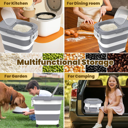 HOYTAMDA 25-40Lbs Rice Container,Collapsible Airtight Food Storage Containers with Wheels,Handle,Rice Storage Container with Small Bin and Scoop,Rice Dispenser for Flour Sugar Cereal Grain Dog Cat