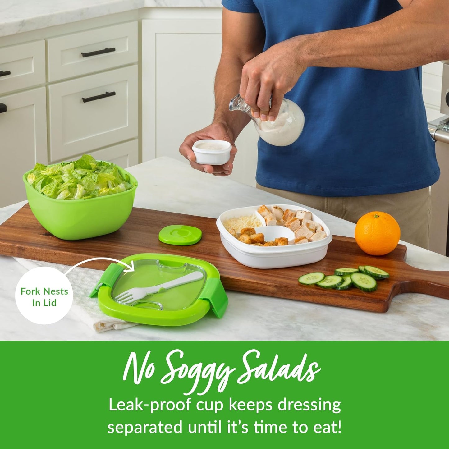 Bentgo Salad Container - 54 oz Bowl with 4-Compartment Toppings Tray, Leak-Proof Dressing Container, Reusable Fork, BPA-Free Lunch Box for Meal Prep & Food Storage; Removable Bento Tray (Khaki Green)