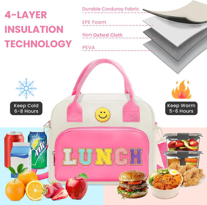 RLGPBON Insulated Lunch Bag Teen Girls, Preppy Lunch Box Large Insulated Lunch Bag Reusable Lunch Tote Bag, Preppy LunchBag for Girls School Travel Picnic
