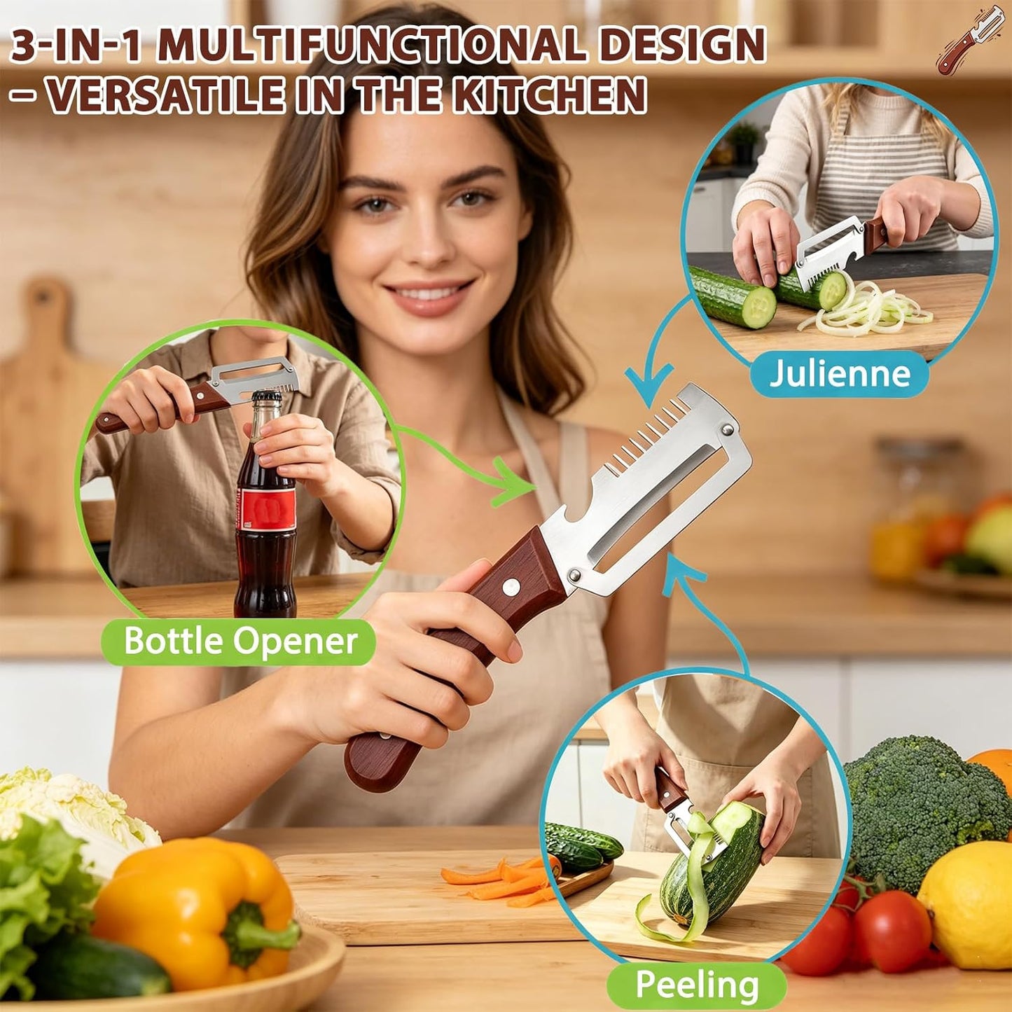 Premium Vegetable Peeler with Wooden Handle and Bottle Opener, 2026 New Multi-functional Vegetable Peeler, Kitchen Gadgets Tool for Fruit Pumpkin Peeling Potato Carrot Veggie Peeler (1PCS)