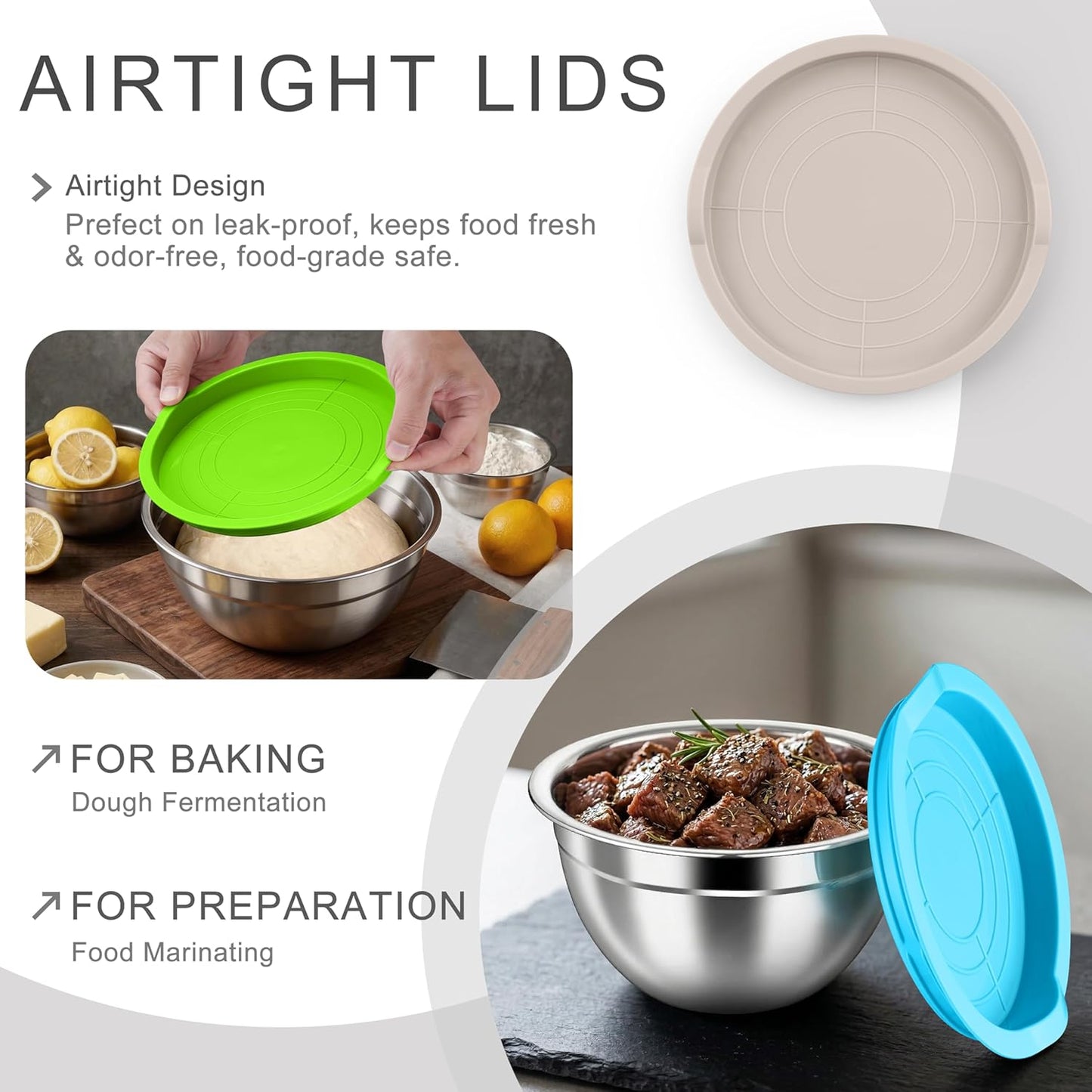 HaWare Mixing Bowls with Airtight Clear Lids, 6-Piece Stainless Steel Strong Nesting Bowls Set, Metal Salad Bowl for Cooking, Prepping, Baking, Serving & Food Storage, Size 4.6, 3, 1.5QT, Khaki