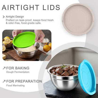 HaWare Mixing Bowls with Airtight Clear Lids, 6-Piece Stainless Steel Strong Nesting Bowls Set, Metal Salad Bowl for Cooking, Prepping, Baking, Serving & Food Storage, Size 4.6, 3, 1.5QT, Khaki