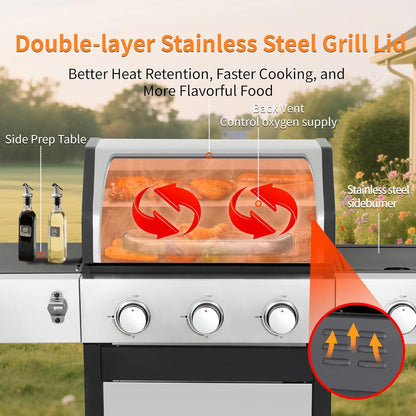 69000 BTU Output Propane Gas Grill with Side Burner and 6 Main Burners - Double-layer Stainless Steel Lid, Cast Iron Grids and Plate, Easy-Clean Grease Management for Perfect BBQs