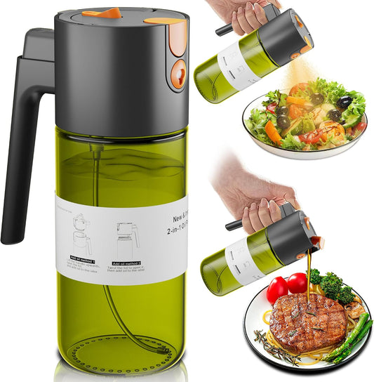 LAKUMIQI 2 in 1 Oil Sprayer & Dispenser, 17 oz Light-Blocking Glass Bottle