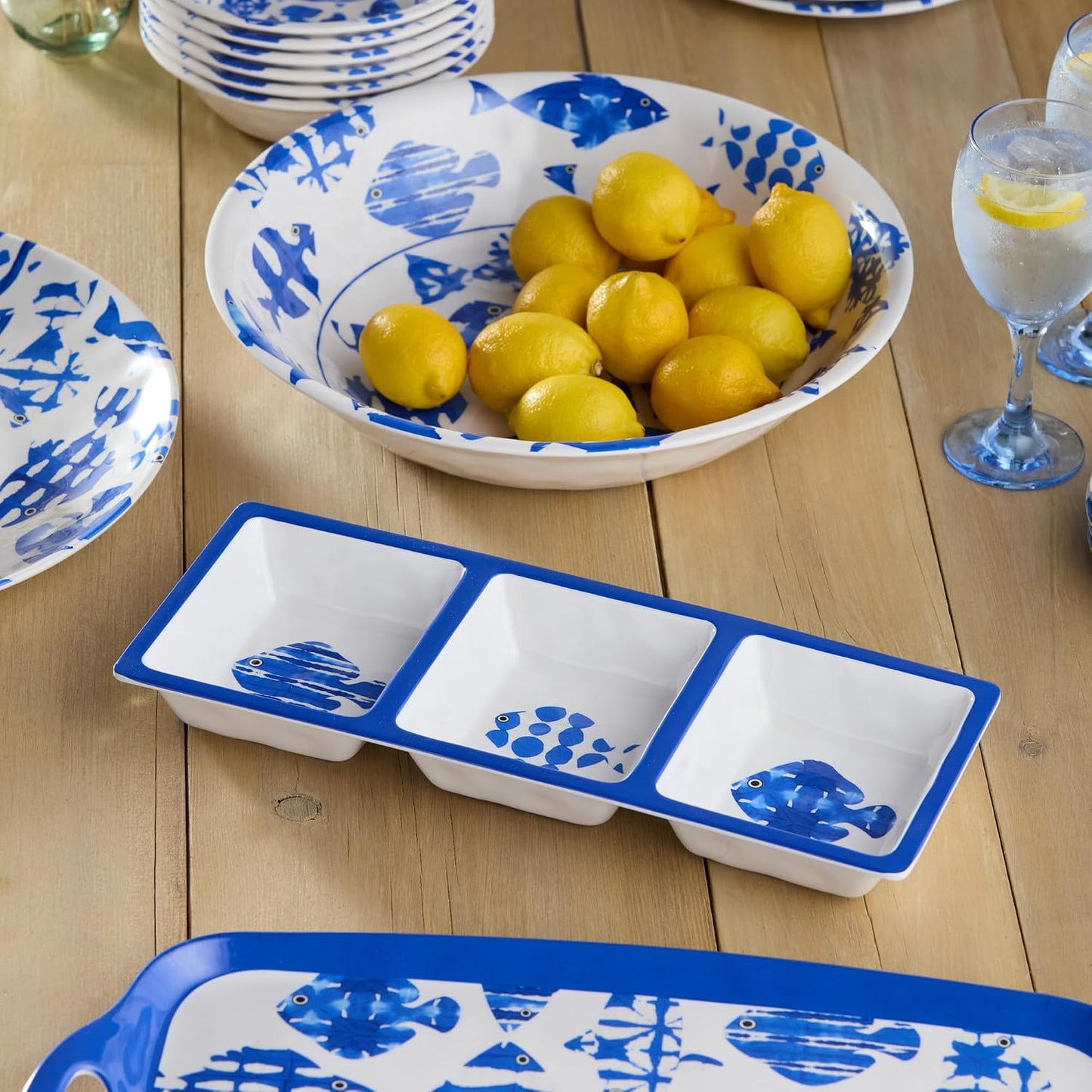Fish Tale 3pc MELAMINE HOSTESS SET – 14.5" Chip Dip, Relish Tray, 19x8" Platter, Cobalt Fish School Art, Shatterproof Outdoor Entertaining, Poolside Party Serving, Mediterranean Coastal Hospitality