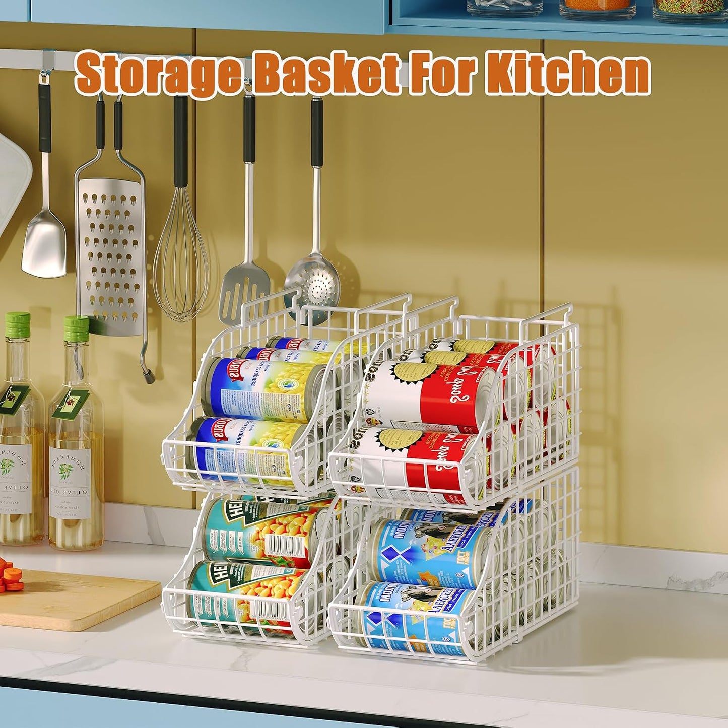 Sonyabecca 4-Pack Stackable Canned Food Organizer with Handles, Soda Can Organizer for Kitchen Pantry Shelves, Foldable Wire Cabinet Shelf for Can Storage, Patent Pending, Black