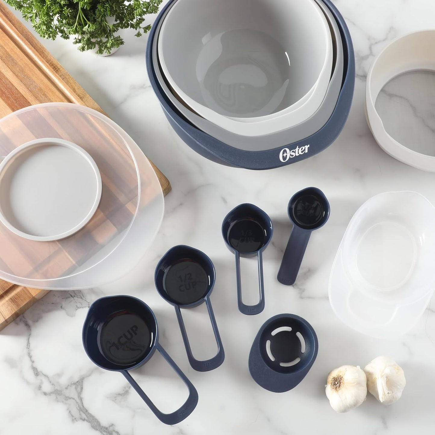 Oster Bluemarine 3 Piece PP Stackable Space-Saving Colander and Mixing Bowl Set