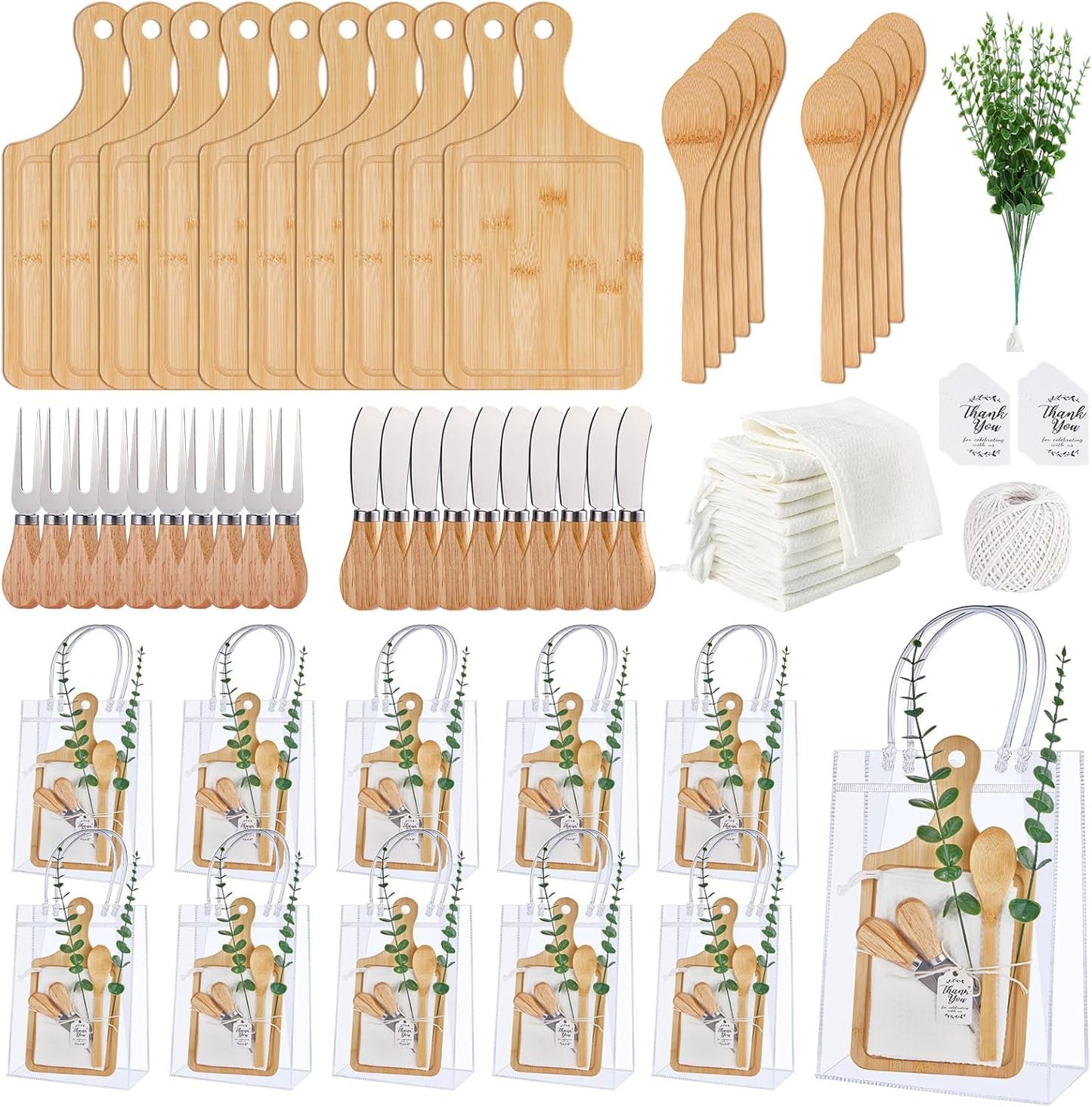Baby Shower Prizes for Game Winners Bamboo Cheese Board Spoon Fork Butter Spreaders Plaid Towel Thank You Card and Gift Bags for Baby Shower Wedding Bridal Shower Favors (Acacia, 6 Sets)