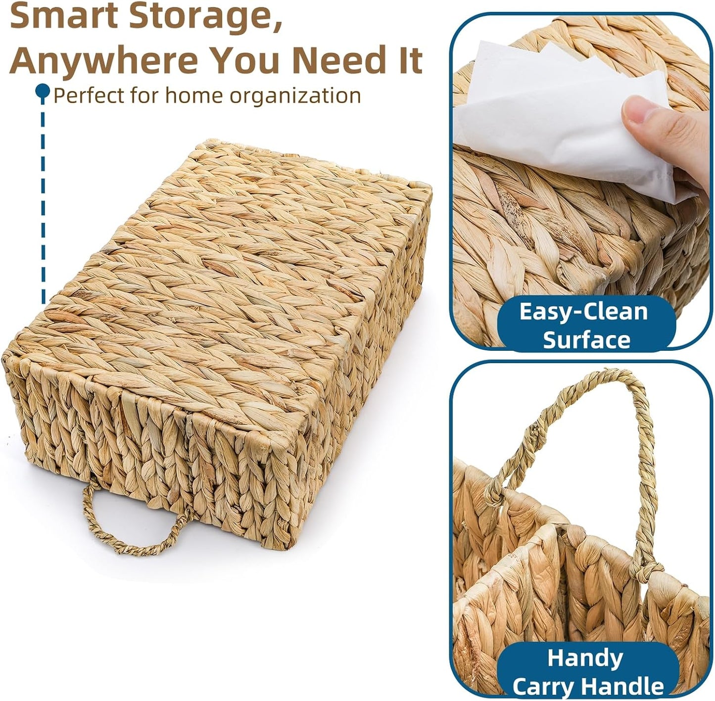 Divided Water Hyacinth Storage Basket, 4 Section Natural Wicker Storage Bin, Woven Storage Organizer with Handle, Large Basket for Shelves Countertop Bathroom Pantry, 16" L x 10.5" W x 5.5" H