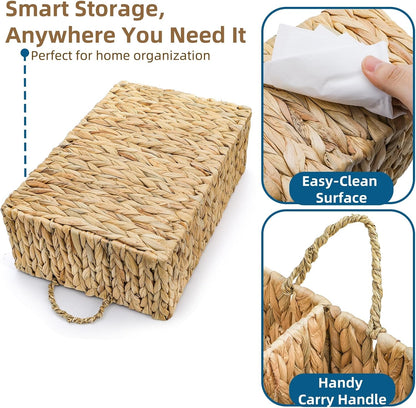 Divided Water Hyacinth Storage Basket, 4 Section Natural Wicker Storage Bin, Woven Storage Organizer with Handle, Large Basket for Shelves Countertop Bathroom Pantry, 16" L x 10.5" W x 5.5" H