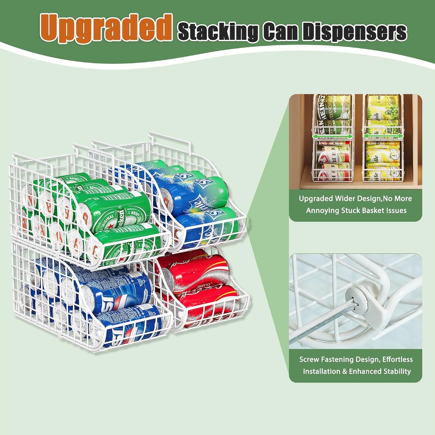 Sonyabecca 4-Pack Stackable Canned Food Organizer with Handles, Soda Can Organizer for Kitchen Pantry Shelves, Foldable Wire Cabinet Shelf for Can Storage, Patent Pending, Black