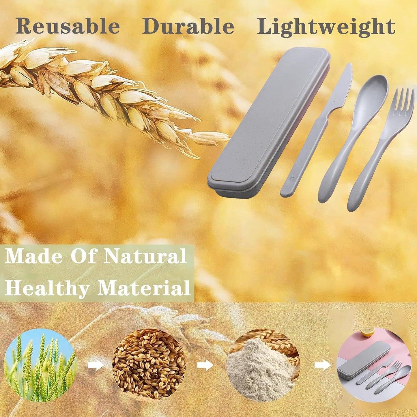 Reusable Travel Utensils Set with Case, 4 Sets Wheat Straw Portable Plastic Fork Spoons Knife Cutlery, Camping Eco-Friendly BPA Free Tableware for Kids Adults Work Picnic or Daily Use (Colorful)