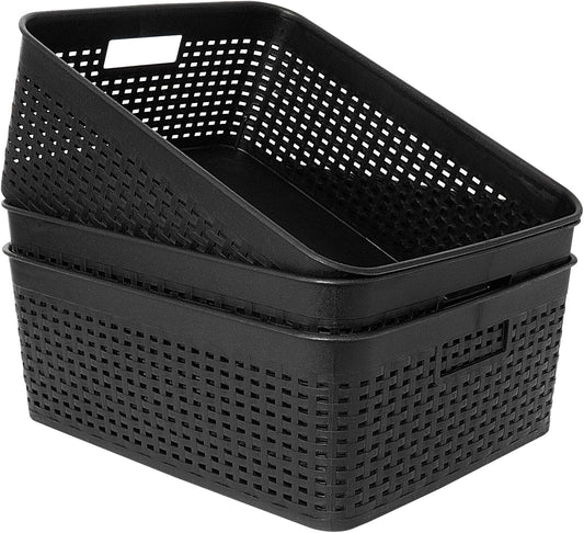 Soddeph Plastic Storage Baskets for Cabinets, Household Pantry Organization with Handle,Organizer Bins for Room,Bathrooms,Under-Sink,Kitchen (White, L-3PACK)