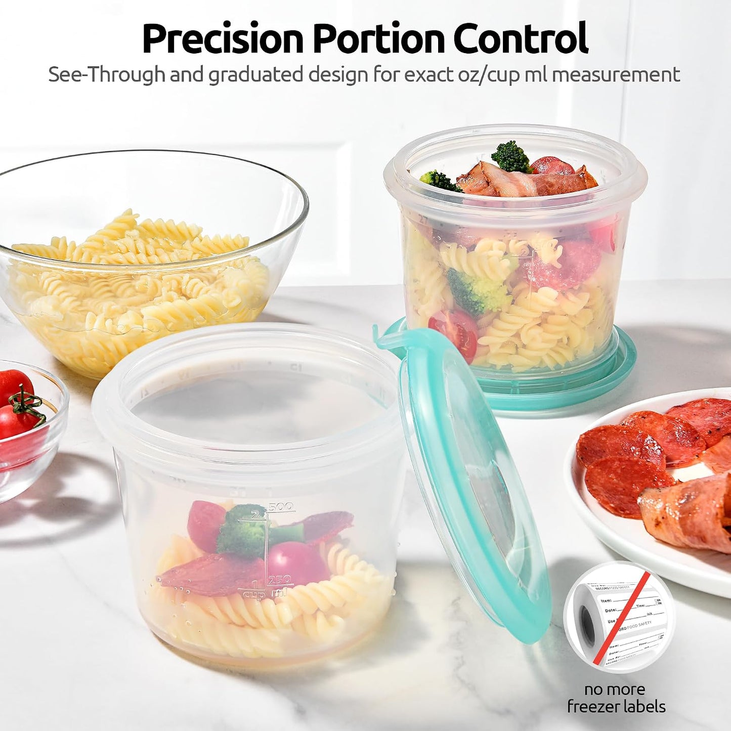 U-Taste Silicone Food Storage Containers Set: Meal Prep Box with Airtight Lid, Freezer & Microwave Safe, Date Marking Circle, Clear cup/oz/ml Measurement for Dry & Wet Deli -2oz/4oz/8oz/16oz, Aqua Sky