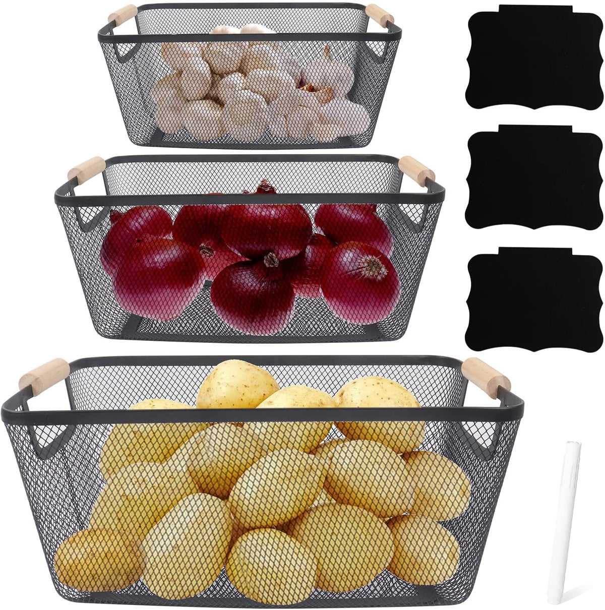Potato and Onion Storage Bin, 2 Set Potato Bin Storage and Onion Container with Wooden Handle, Pantry Kitchen Organization and Storage, Metal Mesh Baskets for Fruit, Vegetable, Produce-White