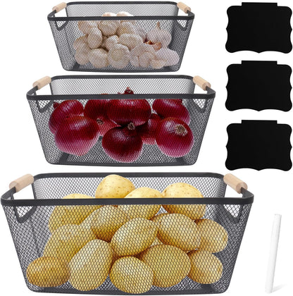 Potato and Onion Storage Bin, 2 Set Potato Bin Storage and Onion Container with Wooden Handle, Pantry Kitchen Organization and Storage, Metal Mesh Baskets for Fruit, Vegetable, Produce-White