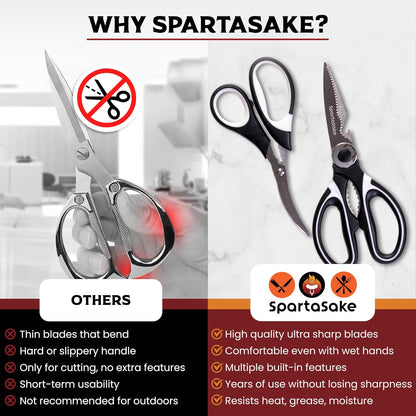 SpartaSake Premium Stainless Steel All Purpose Kitchen Shears with Sleeve - Heavy Duty Ultra Sharp kitchen Scissors for Food - Multipurpose Food Scissors for Meat Poultry Vegetable (Black-White)
