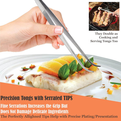 6 Inch Professional Culinary Stainless Steel Precision Tongs with Serrated Tips, Plating/Food Presentation Detailing Serving Tongs, Chef's Kitchen Tweezer Tongs - Ultra Non-Slip Grip