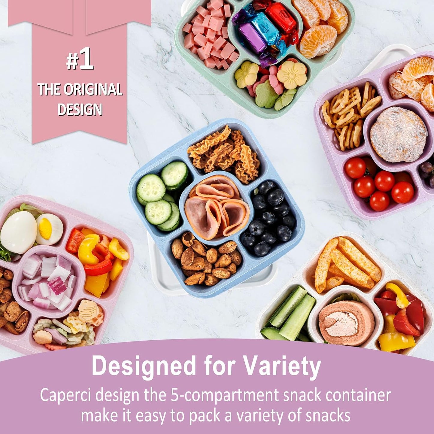 Caperci 5-Pack Lunchable Container Set for Kids & Adults - Reusable Bento Snack Box Containers with 5-Compartment for Food Storage & Meal Prep, Wheat Straw, BPA-Free (Dark & Clear Lids)
