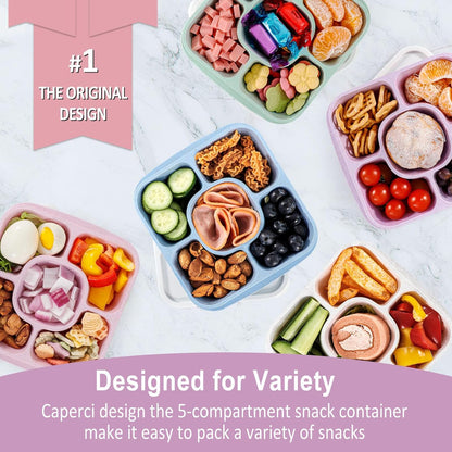 Caperci 5-Pack Lunchable Container Set for Kids & Adults - Reusable Bento Snack Box Containers with 5-Compartment for Food Storage & Meal Prep, Wheat Straw, BPA-Free (Dark & Clear Lids)