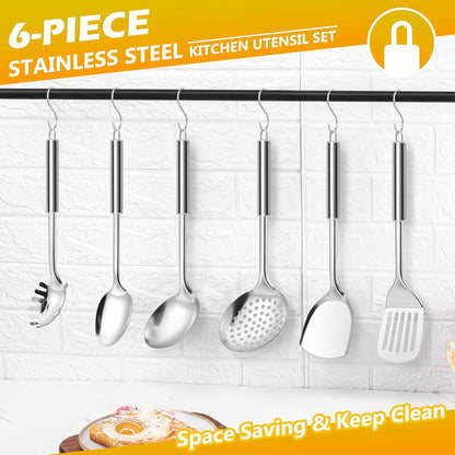 E-far Cooking Utensils Set, 10-Piece Stainless Steel Kitchen Utensils with Holder, Metal Heat Resistant Kitchen Cookware Tool Spatula Set for Cooking, Easy Clean & Dishwasher Safe