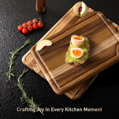 4 Pack Teak Wood Cutting Board Set for Kitchen Heavy Duty Non Toxic Non Slip Solid Thick Wood Haus Chopping Board Extra Large Big Small Meat Best Essential House Warming Hostess Host Gift