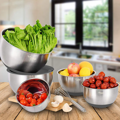 Wildone Mixing Bowls with Airtight Lids Set, 5PCS Stainless Steel Khaki Nesting Bowls for Kitchen, with Grater Attachments & Non-Slip Bottoms, Size 5, 3, 2, 1.5, 0.63 QT, Great for Mixing & Serving