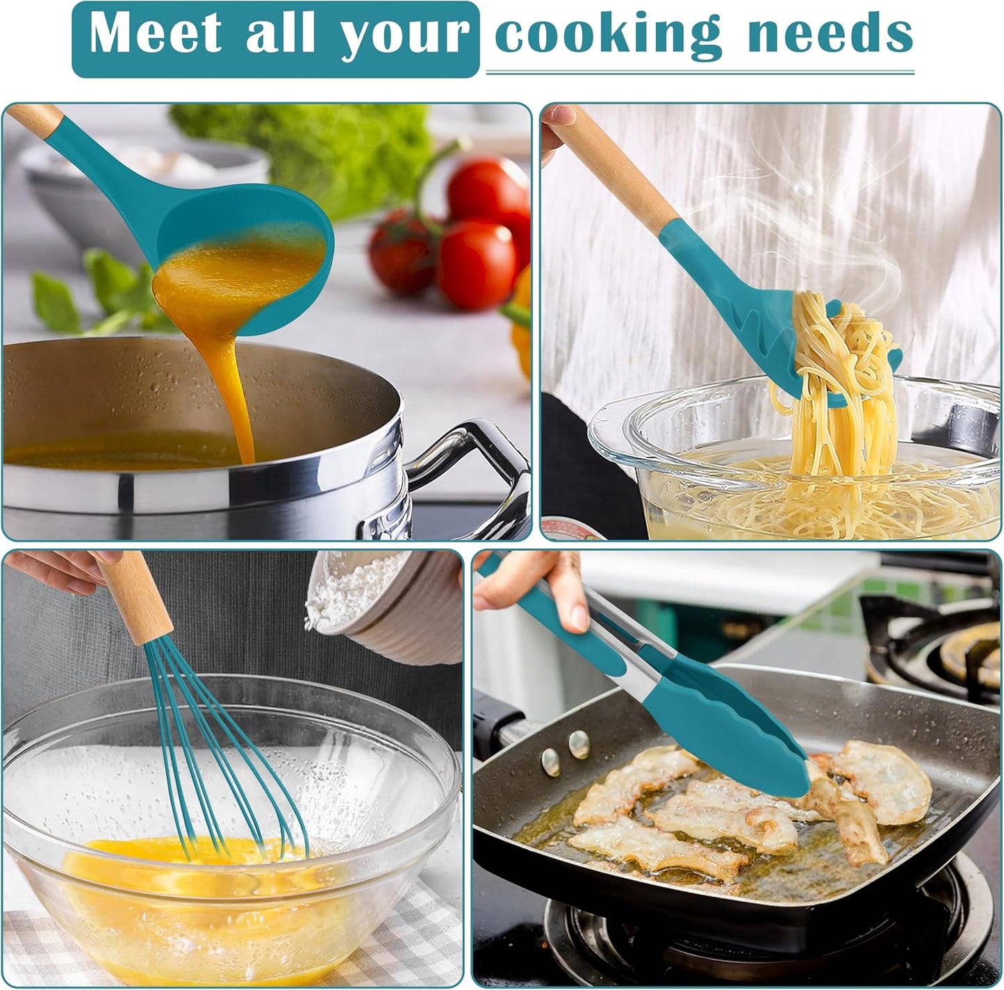 E-far Silicone Cooking Utensils Set, 5-Piece Kitchen Utensils Set with Wooden Handle for Cooking, Silicone Kitchen Nonstick Tools Spatula Turner Slotted Spoons, Nontoxic & Heat Resistant-Khaki