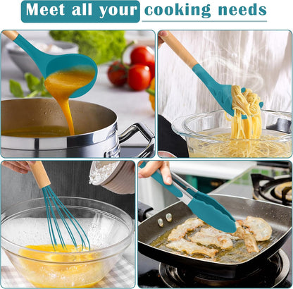E-far Silicone Cooking Utensils Set, 5-Piece Kitchen Utensils Set with Wooden Handle for Cooking, Silicone Kitchen Nonstick Tools Spatula Turner Slotted Spoons, Nontoxic & Heat Resistant-Khaki