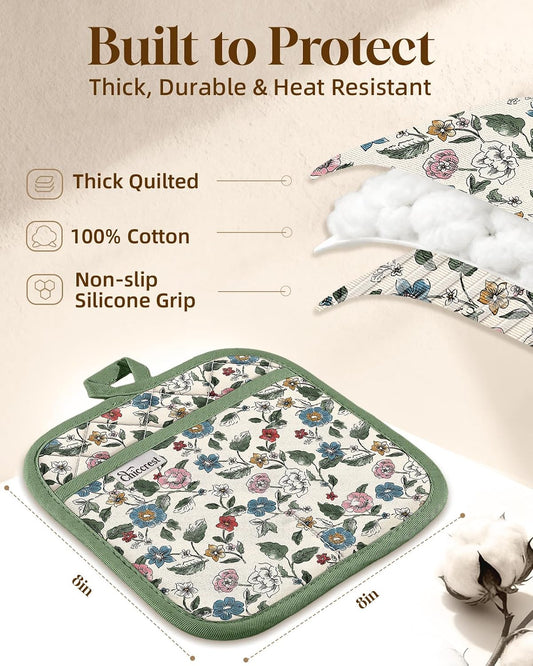 100% Cotton Square Pot Holders Soft Silicone Grip Sage Floral