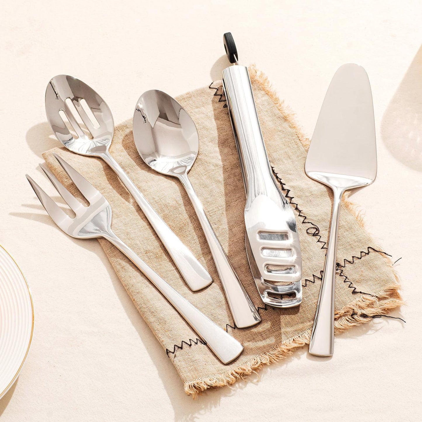 KINGSTONE 8 Piece Serving Utensils Set, 18/10 Stainless Steel Serving Utensils, Slotted Spoon, Serving Spoon, Fork, Tong, Soup Ladle, Cake Server for Buffet, Parties, Kitchen