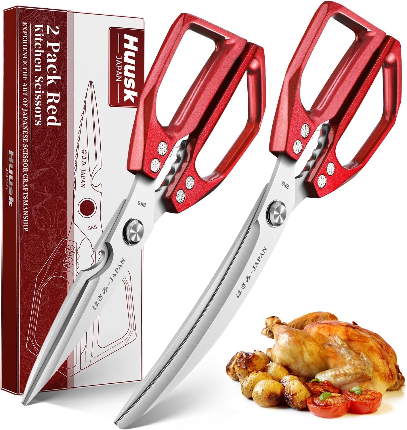 HUUSK Kitchen Scissors Set Silver - Stainless Steel Kitchen Shear, Sharp Meat Scissors, Heavy Duty Poultry Shears, Japanese Cooking Scissor for Food, Gifts for Men Women