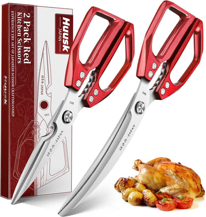 HUUSK Kitchen Scissors Set Silver - Stainless Steel Kitchen Shear, Sharp Meat Scissors, Heavy Duty Poultry Shears, Japanese Cooking Scissor for Food, Gifts for Men Women