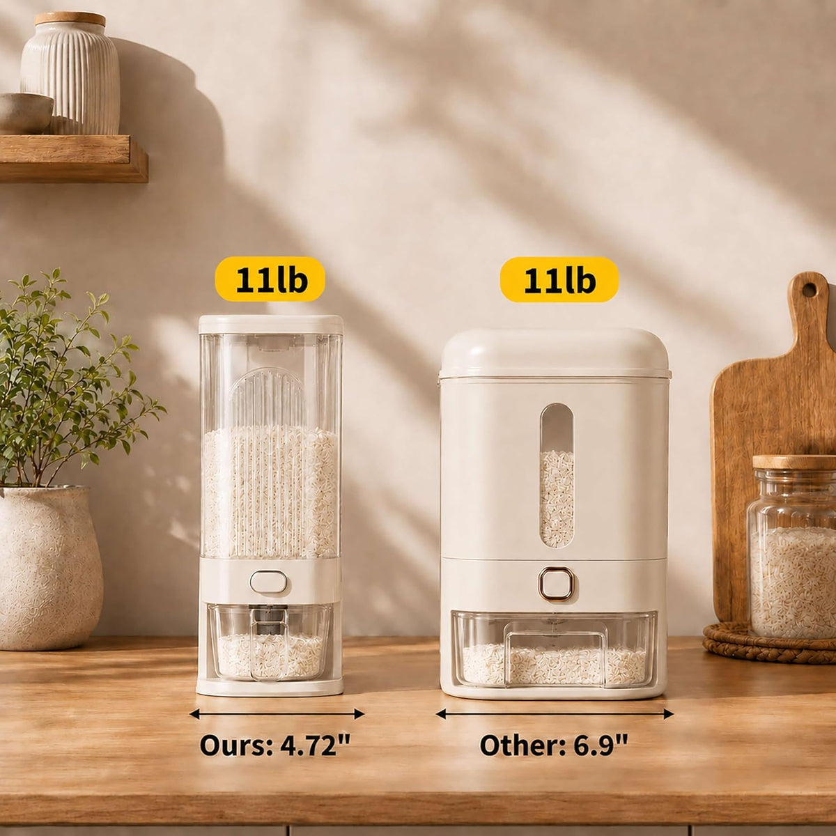 Slim Rice Dispenser with Manual Date Tracker, 22 Lbs Large Grain Storage Container for Kitchen Gap, 4.72" Wide Narrow Rice Bin with Measuring Cup, Beige