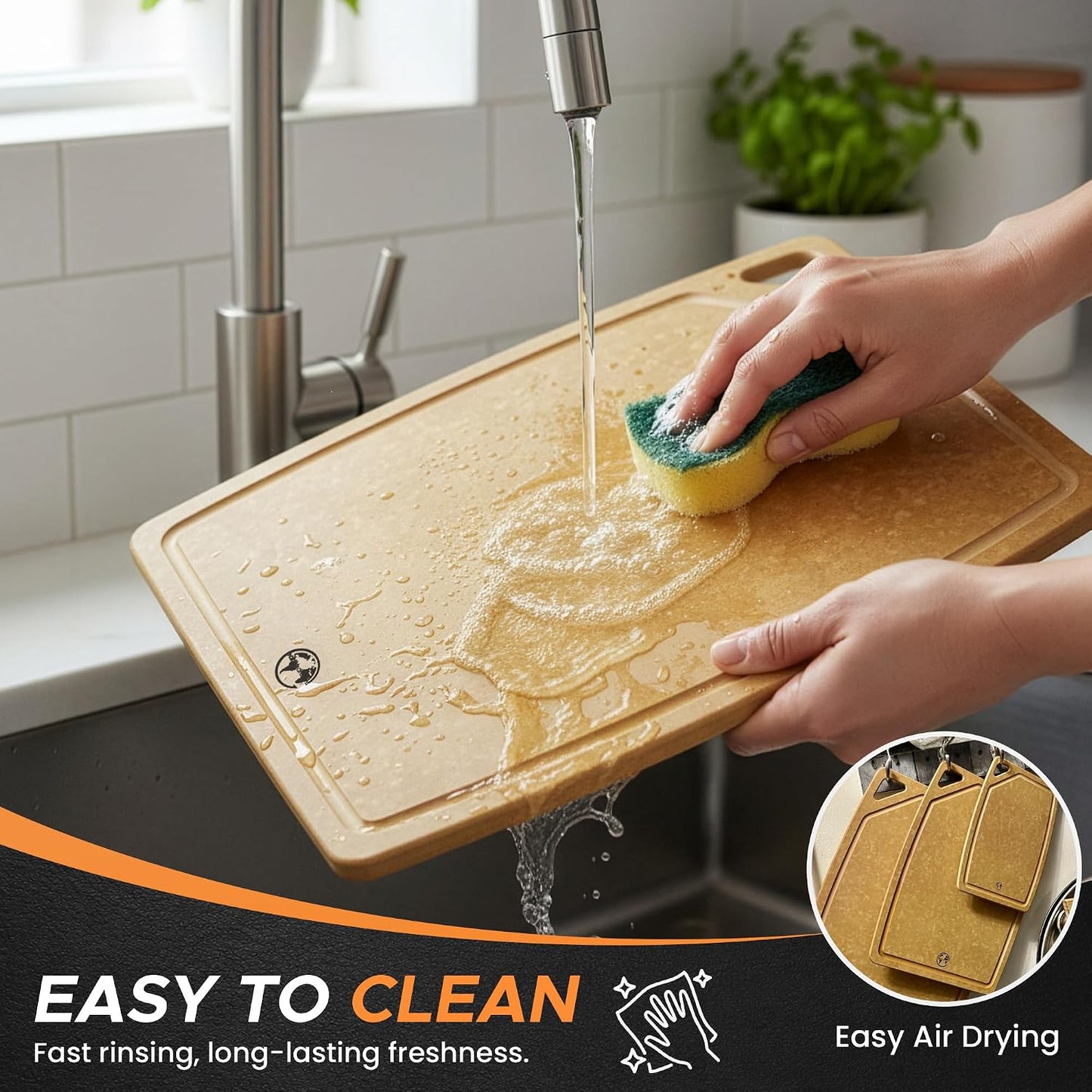 Earth's Dreams Composite Wood Cutting Board Set of 3 – Built In Juice Groove, Dishwasher Safe,Cutting Boards for Kitchen – Large, Medium & Small Non-Slip Wood Charcuterie & Chopping Boards (Tan/Black)