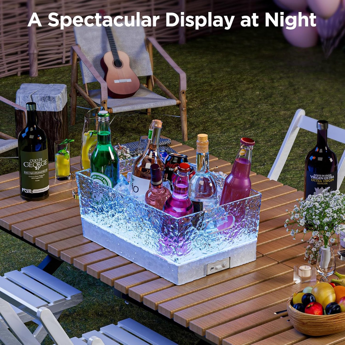 Plastic Ice Bucket for Parties, 15Liter / 4 Gallon Big Large Clear Beverage Tub for Champagne Beer Drink Wine Cocktails Bar, Hosting Party Essentials, LED Light Up, Rectangular, Leakproof