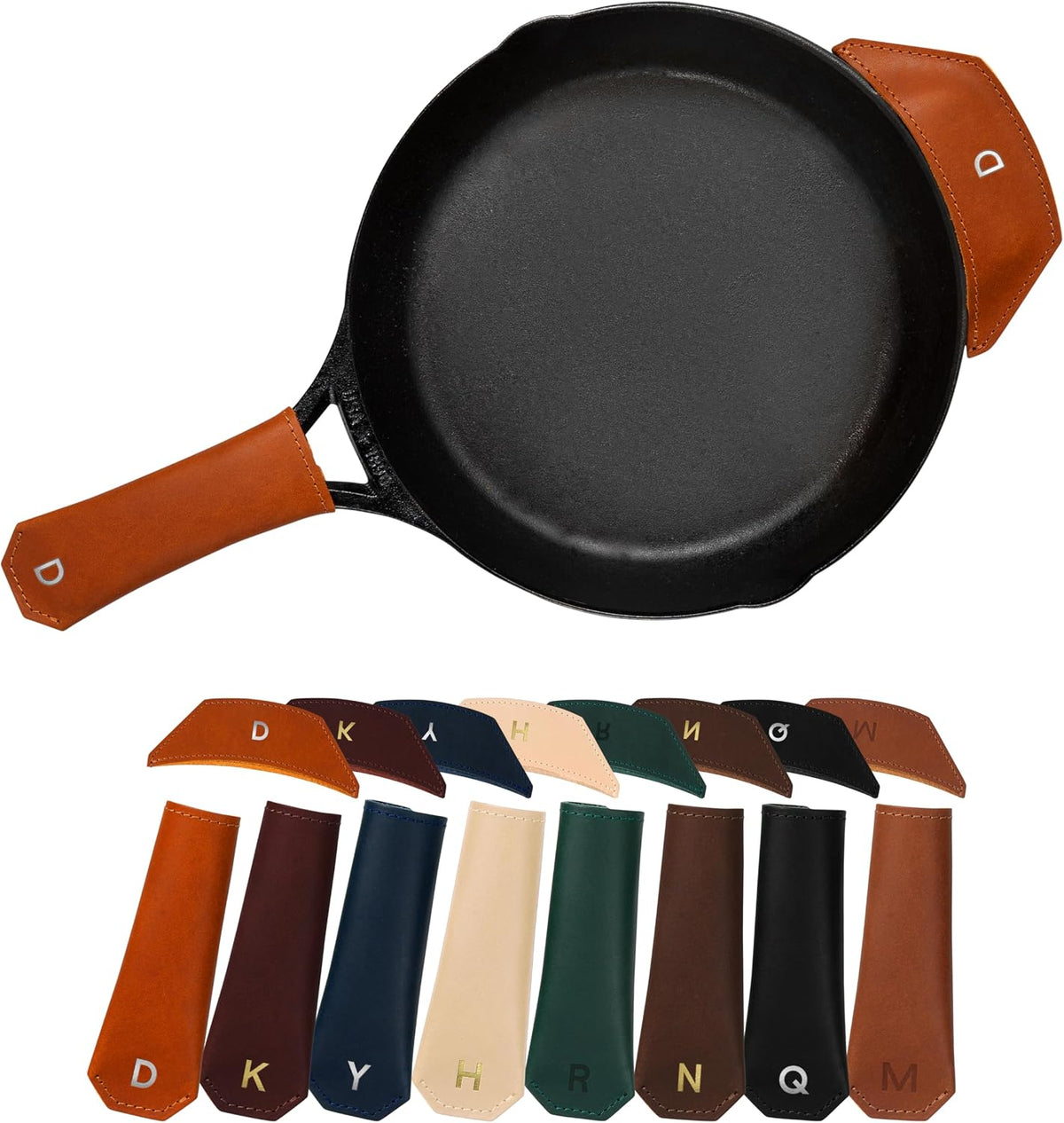 Personalized Cast Iron Handle Covers, Leather Set of 2, USA Made