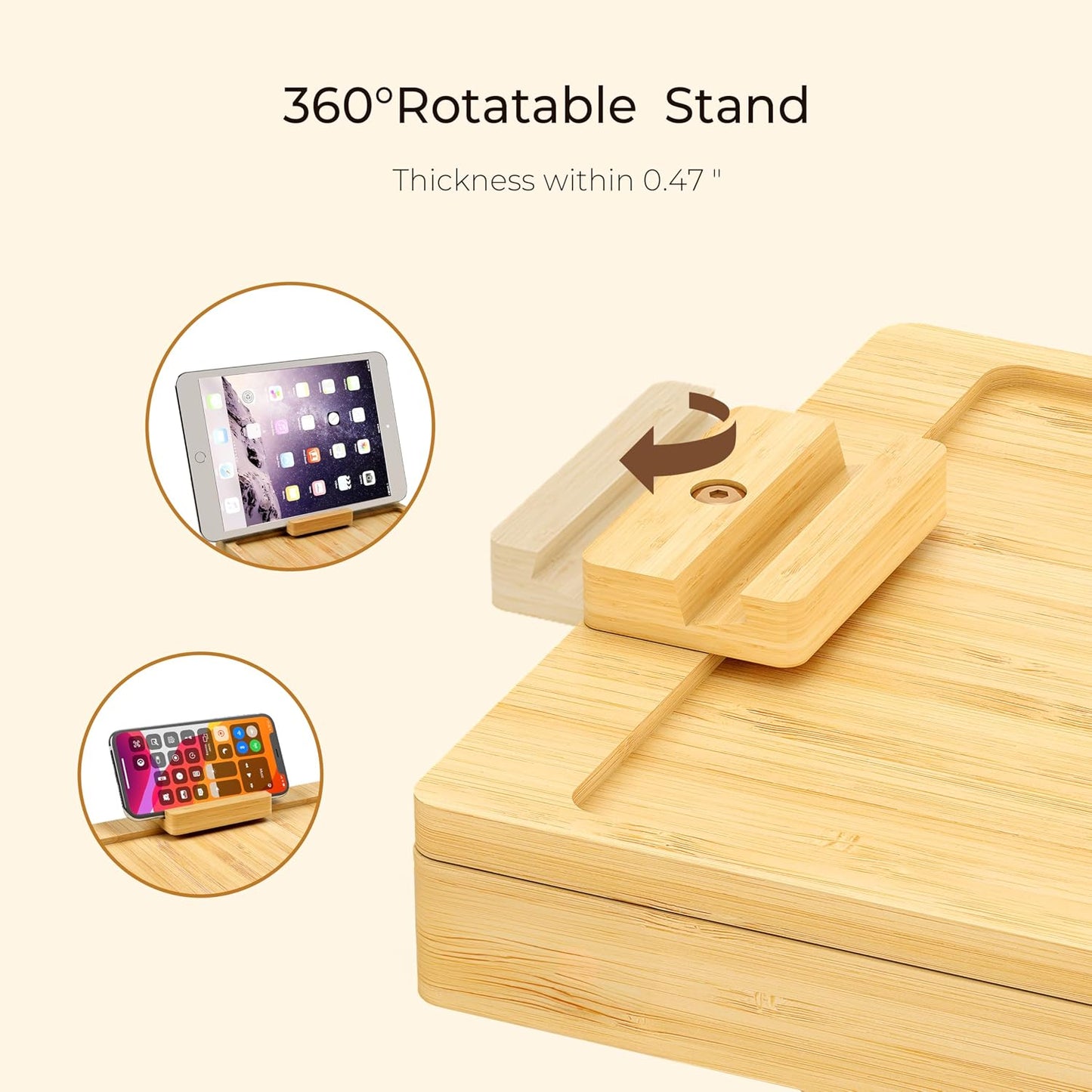Wealone Black Couch Arm Tray for Wide Couch, Bamboo Sofa Arm Clip Table with Storage Box, Couch Armrest Tray with 360°Rotating Phone Holder, Sofa Arm Table Clip for Eating, Drinks or Dining
