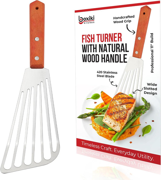 Fish Spatula with Natural Wood Handle - 420 Stainless Steel Slotted Fish Turner for Frying, Grilling & Flipping - Professional 11-Inch Burger Turner, Steak & Pancake Spatula