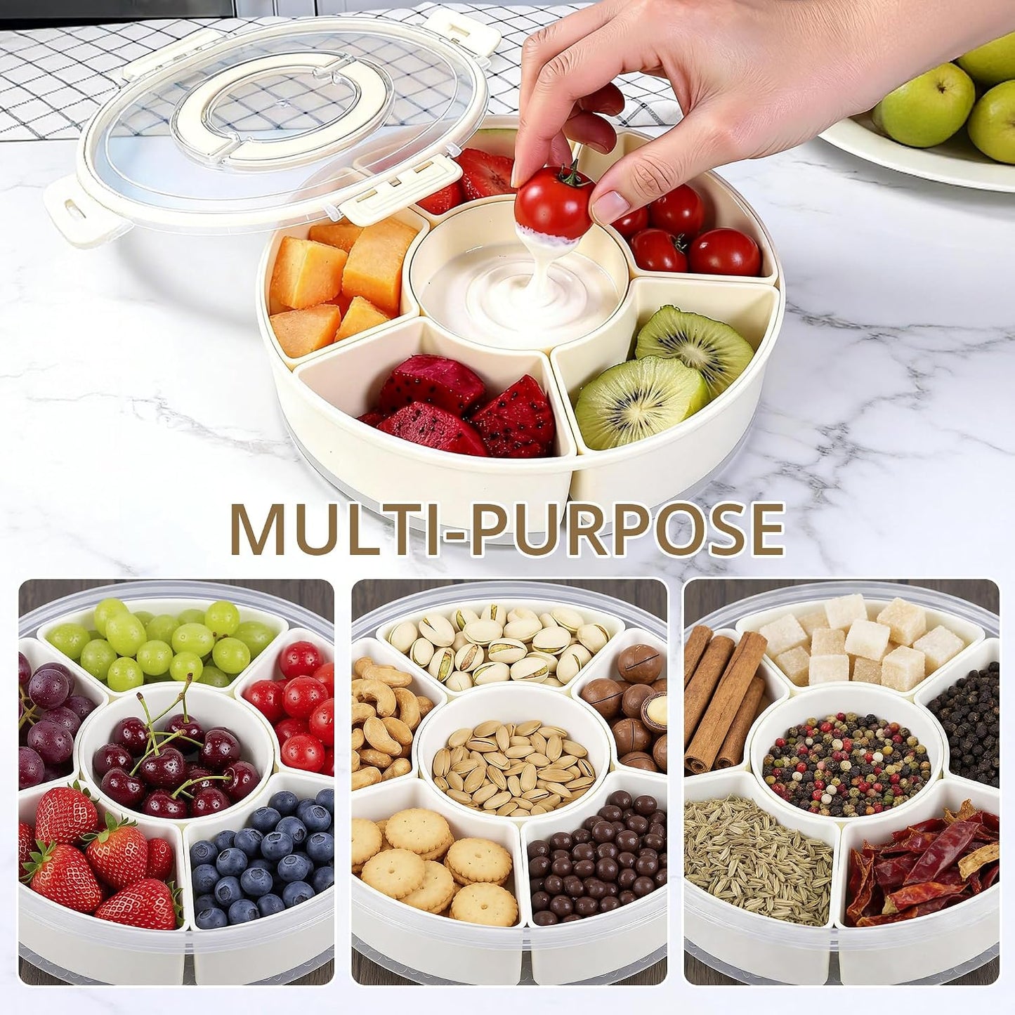 2 Packs Divided Serving Tray with Lid and Handle, Portable Round Snackle Box Container with 6 Compartments, Snack Bento Box for Party, Picnic, Travel, Beige