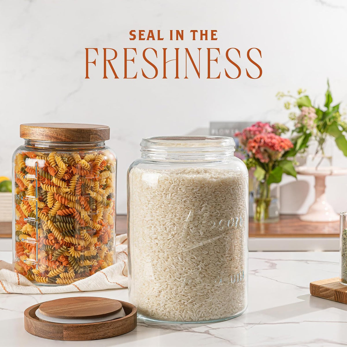kitchentoolz Extra Large Mason Jar - 1 Gallon Glass Wide Mouth Jar with Airtight Wooden Lid, Food Storage Container with Measurement Markings For Kitchen Pantry, Pickling, Cookies, Flour & Sugar
